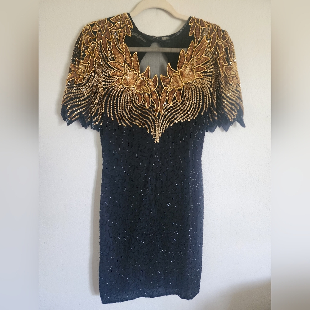 Vintage "Right Choice" Silk Beaded Sequin Embellished Wiggle Dress, Size Small